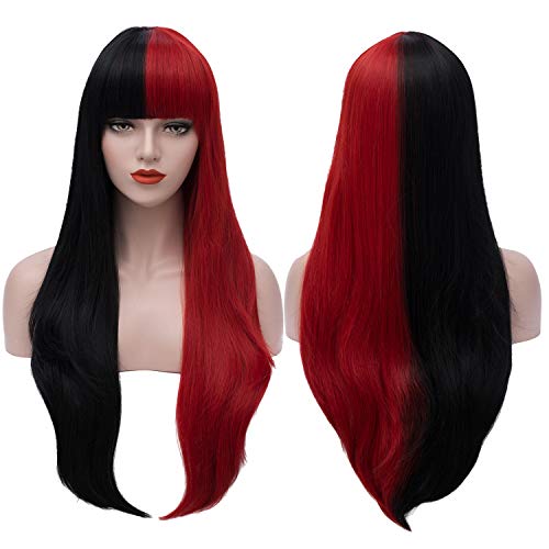 Mildiso 32'' Long Straight Wigs Half Black Red Stylish Hair Wig Cosplay Party Wigs for Women Synthetic Heat Resistant Fiber with Cap M057R