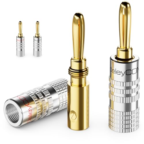 deleyCON 4 Pièces Fiches Banane en Set - Plaqué Or à Visser pour Câble Haut-Parleur 0,75 mm - 4,5 mm & par Exemple HiFi Récepteur - Argent
