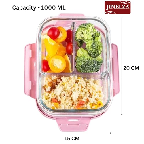 Image of 3 Compartment Rectangular Lunch Box, Food Storage Container with Air Vent Lid, Glass Storage Bowl with Clamp for Office School and Travel 1000ML Pack of 1 (Multi-Color)