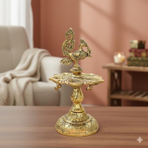 Image of Kridaykraft Metal Peacock Diya Samai Oil Lamp, Gold Finish, Traditional Indian Decor, 19 cm Height, 270 gm, Handcrafted Design