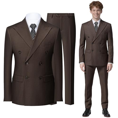 Suits for Men Slim Fit 2 Pieces Peaked Lapel Double Breasted Tuxedo Blazer Stripe Pants Tie Prom Party Business
