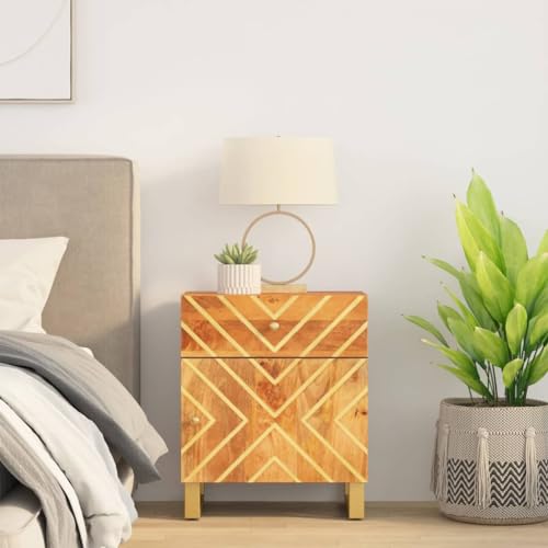 OHOOWOO Mesita de Noche Madera Maciza Mango marrón y Negro 50x33x60 c,Moderna Mesa de Noche con Almacenamiento para Dormitorio de Madera Maciza Mesillas de Noche