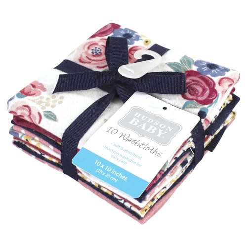 Image of Hudson Baby Unisex Baby Flannel Cotton Poly Washcloths, Blush Navy Floral 10Pk, One Size