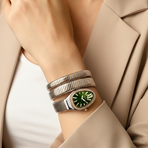 Image of Carlton London Women Charmer Analog Watch, Snake Design Bracelet, Stainless Steel Strap, Quartz Movement, 30M Water Resistant