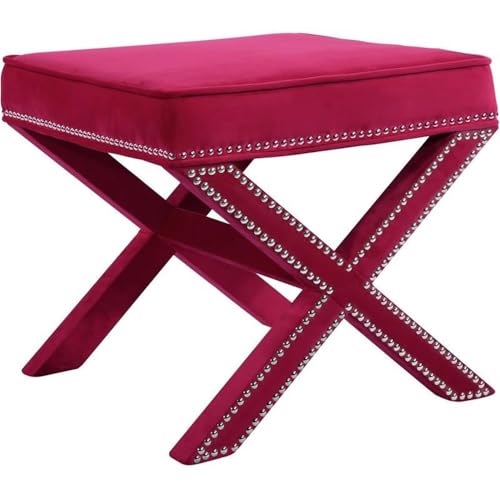 Meridian Furniture Nixon Collection Modern - Banco tapizado de terciopelo contemporáneo con diseño de patas en X, botón profundo y marco de madera maciza, color rosa, 52 cm de ancho x 52 cm de