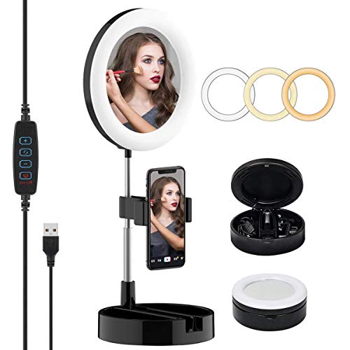 Brolight Anillo de luz con soporte y espejo de maquillaje, mesa plegable de 6.2 pulgadas, regulable, 3 modos de color y 10 brillo para transmisión en directo, grabación de vídeo,YouTube (negro)