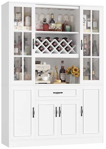HIFIT 74\" Kitchen Pantry Cabinet, Large Kitchen Hutch Storage Cabinet with Glass Door & Shelves, Wine & Glass Display Station, Tall Modern China Coffee Bar with Hutch for Home Dining Living Room,White