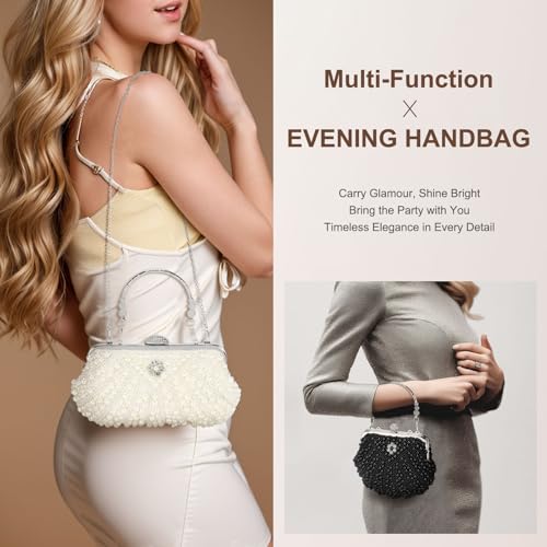 Image of DTGN Evening Bags Clutch Purses for Women Formal, Bridal Purses Pearl Handbags Shoulder Bag with Chain for Women Formal Wedding Club Party Beige