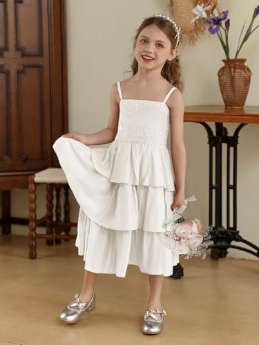 Summer Spaghetti Straps Boho Flower Girl Dress Tiered Linen Party Midi Dresses for Junior Girls2