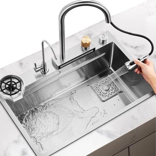 Évier argenté multifonction avec cascade et accessoires haut de gamme