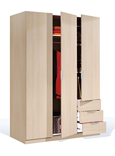 Habitdesign Armario Ropero 3 Puertas 3 Cajones, 121x180x52 (AnchoxAltoxFondo-en Cm), Color Roble