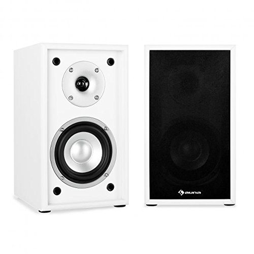 AUNA Linie-300-SF-WH/BK Paire d’Enceintes d’étagère passives (2 Voies Bassreflex 70W RMS, subwoofer 13cm de 5″, Contacts plaqués Or) – Blanc - Les Beatles, Paul McCartney, John Lennon, RIngo Starr, George Harrison AUNA Linie-300-SF-WH/BK Paire d’Enceintes d’étagère passives (2 Voies Bassreflex 70W RMS, subwoofer 13cm de 5", Contacts plaqués Or) - Blanc – Image 3