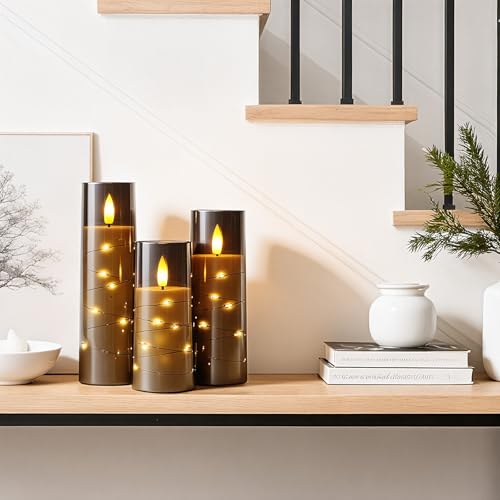 Image of Raycare Flameless Candle with Remote Timer, 3 Flickering Acrylic Battery Operated LED Pillar Candles with Embedded Star String for Christmas, Home Decor, and as a Gift(Grey)