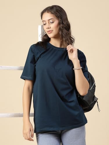 Image of Rigo Back Printed Half Sleeves Round Neck Oversized T-Shirt for Women | Drop Shoulder T-Shirt for Women | Loose Baggy Fit T-Shirt for Women /Girls