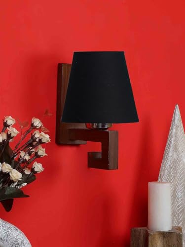 Image of Wall Lamp with Wooden Base (H- 10.9 Inch, Black) Modern Wall Sconce for Bedroom /Living Room, Study Room, Home Office Decor | Decorative Indoor Lighting, Warm Ambient Night Lamp | Flared Shape