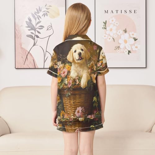 ALAZA Golden Puppy Dog Flower Blossom Satin Pajamas Set Short Sleeve Button Down Sleepwear Summer Pjs 2 Piece4