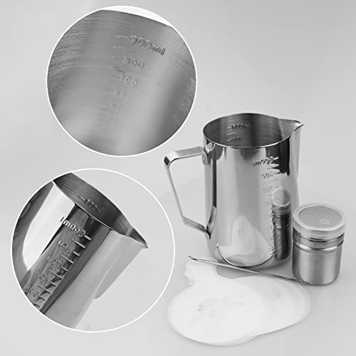 Milk Jug 900ml, Powder Shaker with Lid, Pull Flower Moldan and Latte Art Pen Stainless Steel Milk Frothing Pitcher, for Hot Chocolate Cappuccino Coffee Latte Frothing Milk Art Maker - Image 3