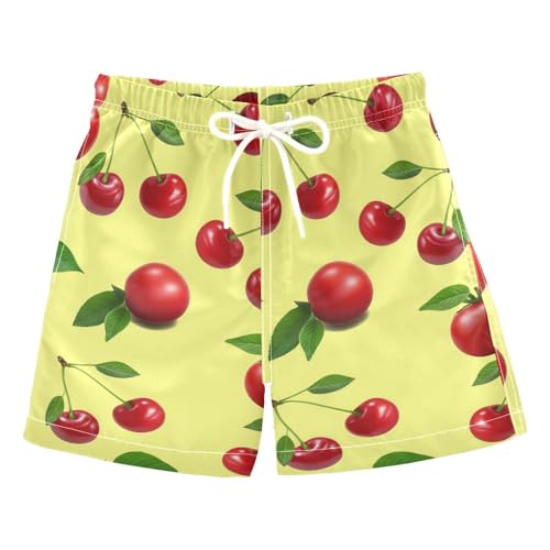 DOMIKING Cherry Leaves Yellow Toddler Boys' Swim Trunks Mesh Lining Swim Shorts for Child Boy Adjustable Waist