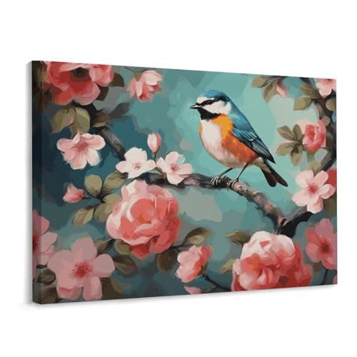 Cadre déco Noël pour mur vide : toile carrée fleurs et oiseaux pour petite pièce