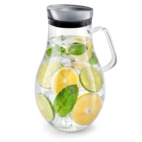 Arendo - Glaskaraffe 2500 ml Karaffe aus Glas mit Deckel 2 5 L Wasserkaraffe mit Edelstahldeckel und integriertem Grobfilter Borosilikatglas Haltegriff Temperaturbereich 20 C bis +150 C