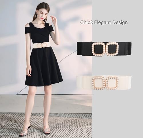 COTIM COYIN Women's Wide Elastic Waist Belt with Pearl Square Buckle3