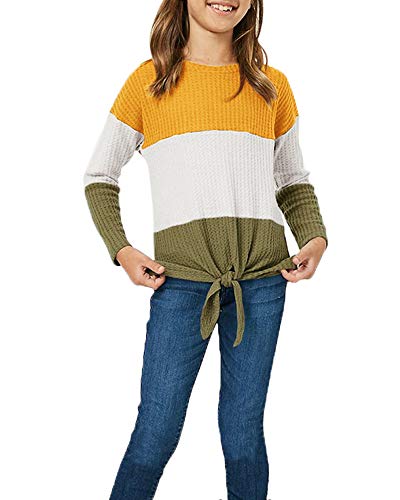 Image of Girls Waffle Colorblock Tie Top Long Sleeve Casua T Shirt Knit Tunic