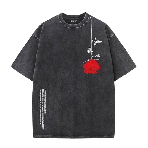 UOUA Mens Graphic Tees Vintage Oversized T-Shirts Casual Acid Wash Cotton Streetwear (S-2XL) Rose-Black
