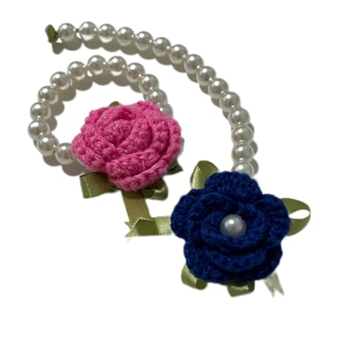 Wtanrion Vintage Handmade Crochet Pearl Hand Strings, Package Includes 2 Different Style Vintage Crochet Flowers to Meet Your Different Matching Needs (Navy Blue+Rose)