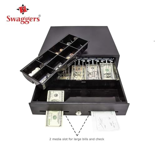 Image of swaggers Metal Cash Drawer For Point of Sale (POS) System with Removable Coin Cash Tray, 5 Bills /8 Coins slots Drawer with RJ11 Interface Key Lock | Black Colour
