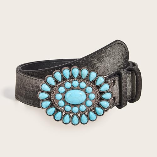Womens Vintage Leather Belt with Western Turquoise Buckle| Distressed Stitching Strap Accessory for Dresses,Jeans(105cm/waist:34"~36", Black)4