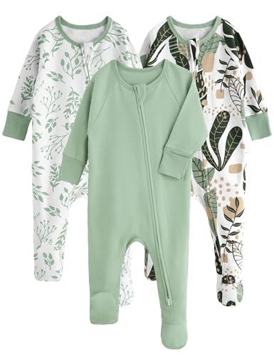 Yoofoss Baby Pajamas 100% Organic Cotton Baby Sleepers for 3-6 Month Boys Girls Clothes, 3-Pack Soft infant Toddler Footed PJs with Mitten Cuffs, Zipper Footies Pajamas
