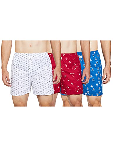 Image of Longies Pure Cotton Mens Boxers Pack of 3 Regular Shorts (LGBOXPO3V003 Carmine,Blue Sh,White3366 L)