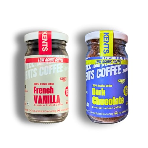 Image of KENTS Combo - VANILLA & DARK CHOCOLATE 2 x 50g Jars | LOW ACIDIC COFFEE | Medium Roast | 100% Arabica | No Added Sugar | 90 Cups Serves | CHIKMAGALUR | Perfect for Hot & Cold Brews | Espresso, Latte, ICED & COLD COFFEE (50g x 2)