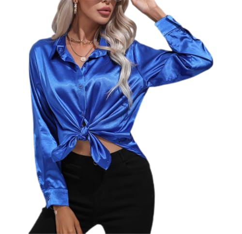 Women's Long-Sleeved Button Silk Shirts Casual Business Work Party Satin Silky Shirt Tops