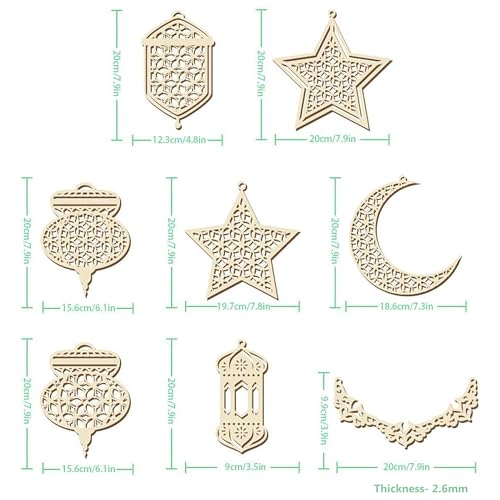 Image of Cliths Set of 8 Ramadan Decorations Wooden Hanging Ornaments for Eid Mubarak Islamic Home Decor Crescent Moon, Star, Lantern Eid Festival Decorations Car, Window, Door Hanging
