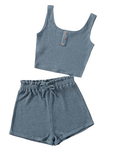 Image of RoseSeek Girl's 2 Piece Outfits Waffle Knit Scoop Neck Button Down Crop Tank Tops Paperbag Waist Track Shorts