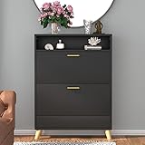 Gyfimoie Shoe Storage Cabinets, Free Standing Shoe Organizer with 2 Flip Drawers for Entryway, Narrow 3 Tier Entryway Hidden Shoe Rack with Doors (Black)