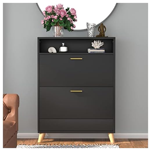 Gyfimoie Shoe Storage Cabinets, Free Standing Shoe Organizer with 2 Flip Drawers for Entryway, Narrow 3 Tier Entryway Hidden Shoe Rack with Doors (Light Black)