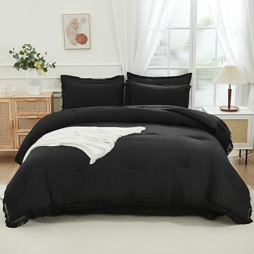 Image of Andency Black King Size Comforter Set with Sheets - 7 Pieces Boho Tassel Bed in a Bag Soft Lightweight Bedding Sets, Black Fringe Bed Set with Comforter, Sheets, Pillowcases & Shams