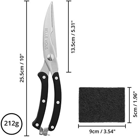 Belle Vous Heavy Duty Kitchen Scissors - 25.5cm/10 Inch Overall Length - Stainless Steel Sharp Poultry Shears for Cutting Chicken, Bone, Meat, Herbs, Vegetables - Spring Loaded Handle