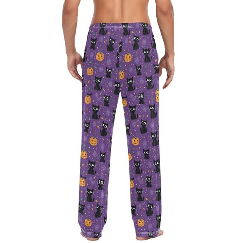 Men's Halloween Black Cats Pajama Pants with Pockets - Straight Fit Cotton Sleep Bottoms for Lounge & Nightwear#6913