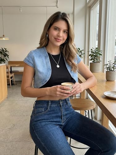 Image of Allegra K Women's Denim Jacket Cap Sleeve Cropped Open Front Shrugs Casual Summer Jean Jackets