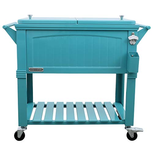 Permasteel 80-Qt Antique Patio Cooler for Outside | Outdoor Beverage Cooler Bar Cart, Rolling Cooler with Wheels and Handles, Wooden Teak Accent, Teal Blue-Green