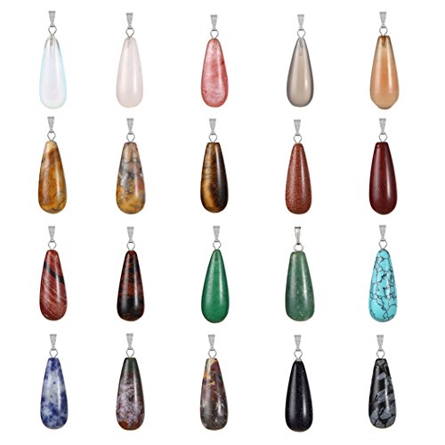 Healing Stone Pendant 24pcs Oval Long Tears Water Drop Chakra Charm Semi-Precious Gemstone Rock Crystal Quartz Stone Pendants for Necklace Jewelry Making