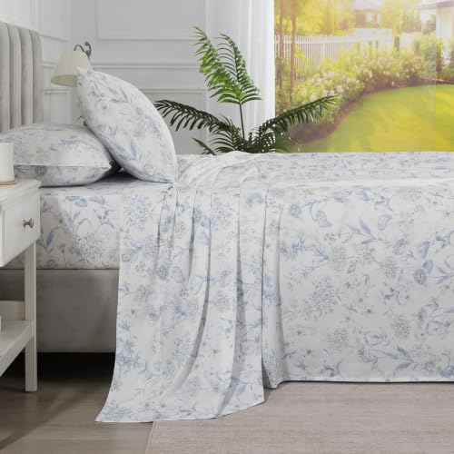 Image of Floral Percale Sheets California King, Deep Pocket, Blue & White