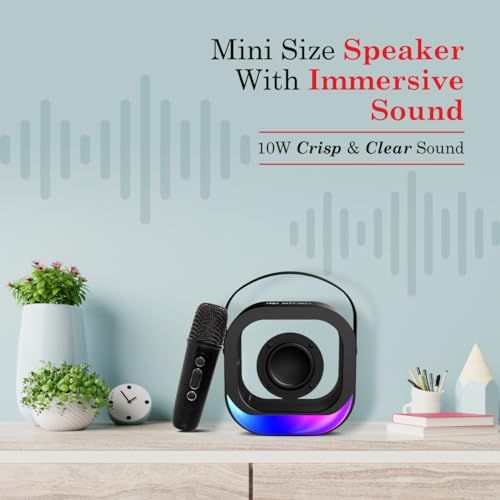 Image of pTron Fusion Moment V2 10W Mini Bluetooth Speaker with Wireless Karaoke Mic, Pristine Sound, RGB Lights, Funny Voice Change Effects, 6Hrs Playtime, Bluetooth V5.3 & Type-C Fast Charging Port (Black)