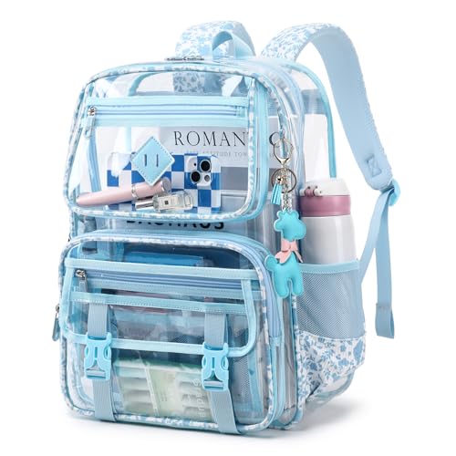 Sisipoet Clear Backpack Heavy Duty Clear Bookbag PVC Transparent Backpack for School for Teens Girls Women with Leather Pendant Blue Flower