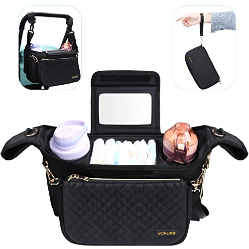 Image of YaKuss Universal Stroller Organizer Bag with Wristlet Cup Holder Shoulder Diaper Handbag, Adapter for Snack Baby Accessories Three Way to Carrier 2.0 Black