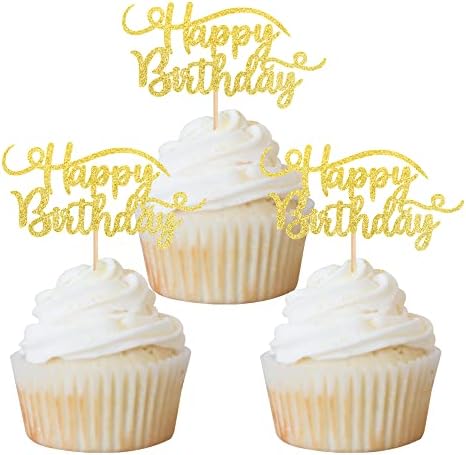 Rsstarxi 24 Pack Happy Birthday Cupcake Toppers Gold Glitter Birthday Cupcake Food Picks for Celebrating Happy Birthday Party Cake Decorations Supplies