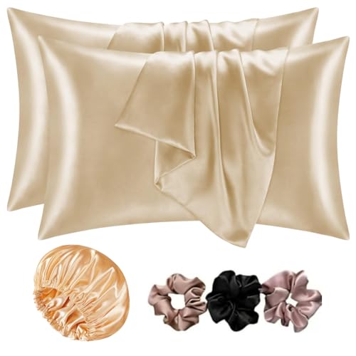 Image of Go Well Bonnet for Curly Hair with Free Satin Pillow Covers and Scrunchies | Silk Bonnet for Hair | Combo of Pack of 2 Satin Pillowcases with 3 Silk Scrunchies Adjustable HairCap (Beige)